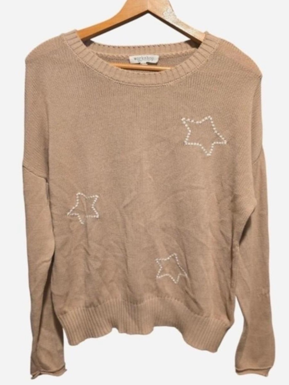 Workshop Republic Clothing 100% Cotton Beige Star Detail Crewneck Sweater